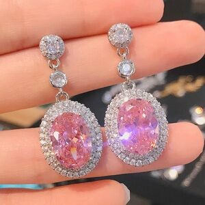 💕Gorgeous lux Pink & White Oval Cut Halo Sapphire Drop Earrings